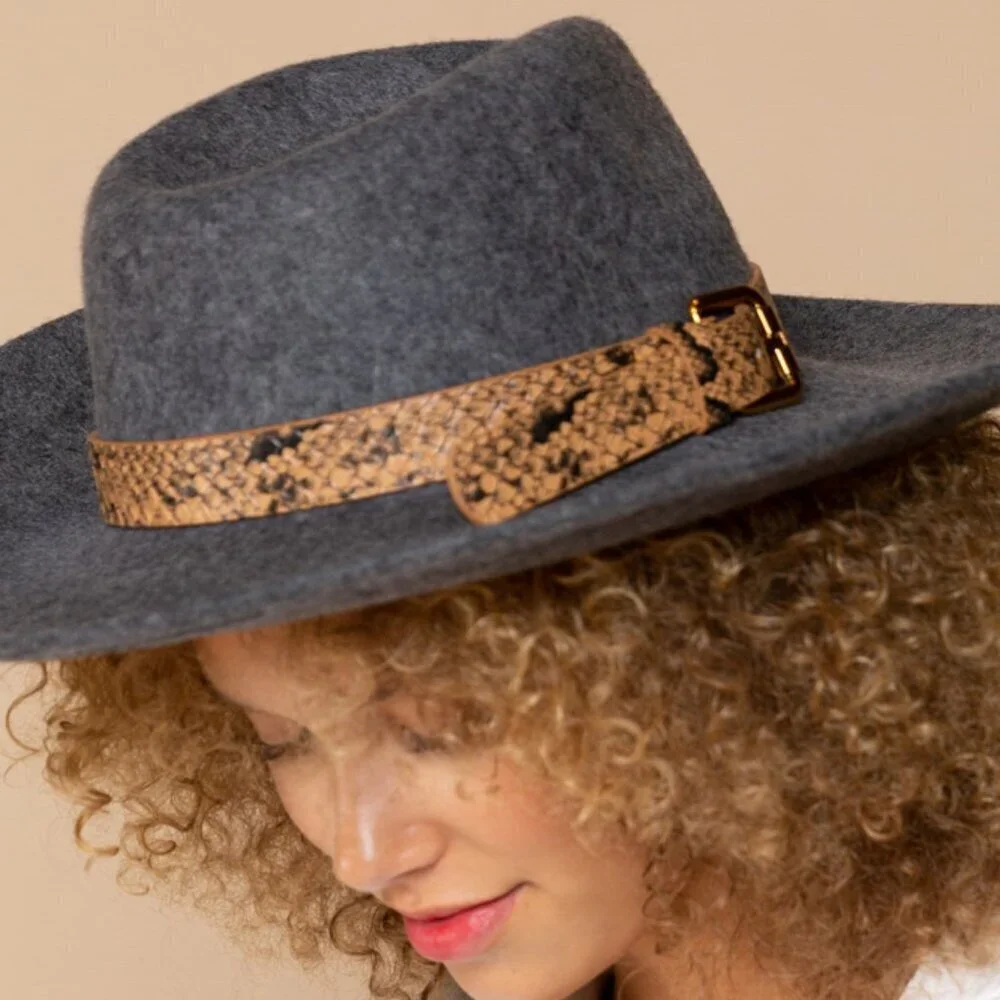 NWT POL Snakeskin Buckle Grey Wool Wide Brim Fedora Hat